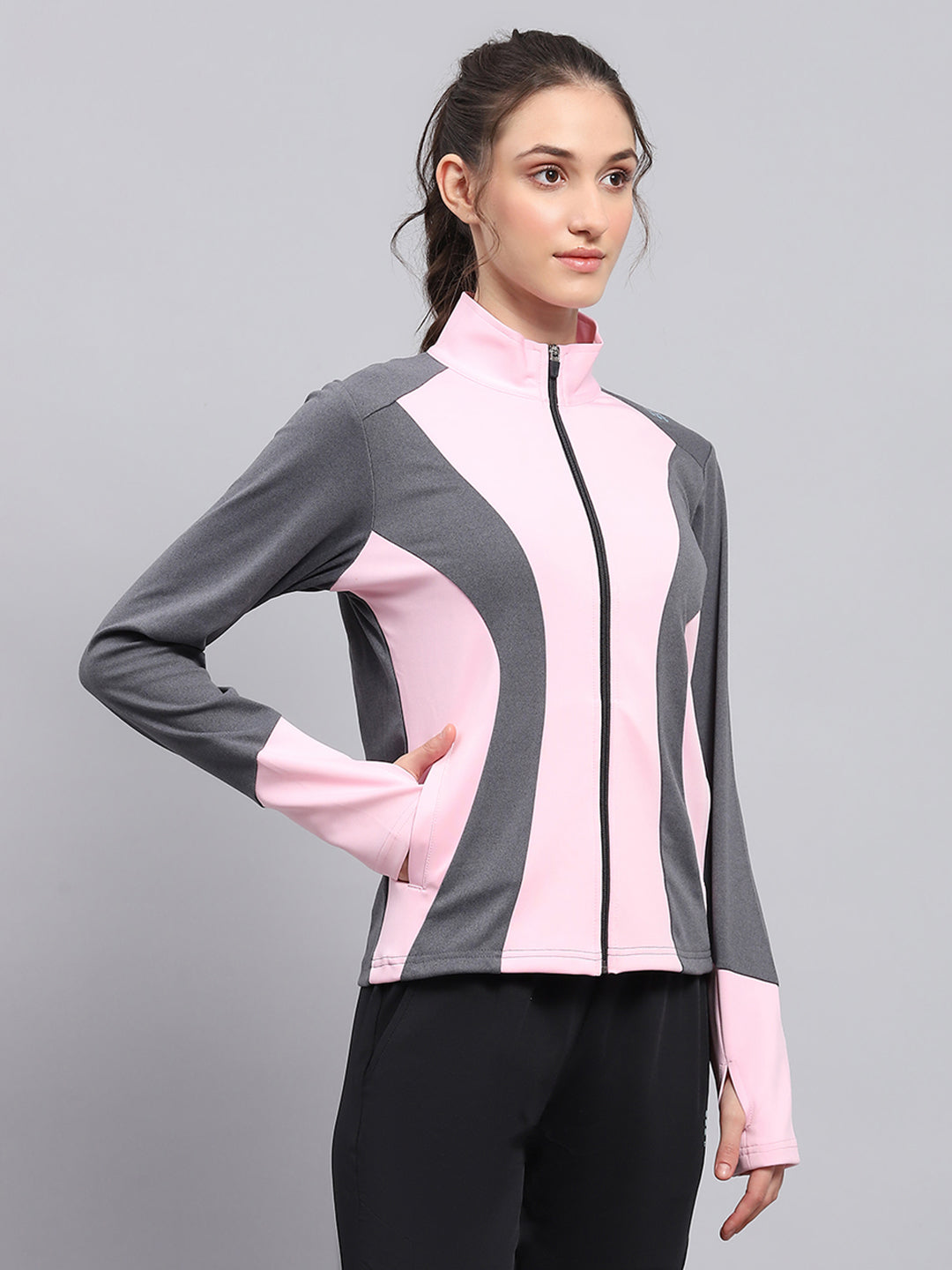 Rock.it Women Pink & Grey Solid Mock Neck Full Sleeve Sweatshirt