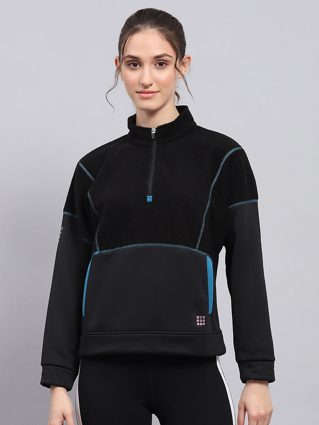 Rock.it Women Black Solid Mock Neck Full Sleeve Sweatshirt