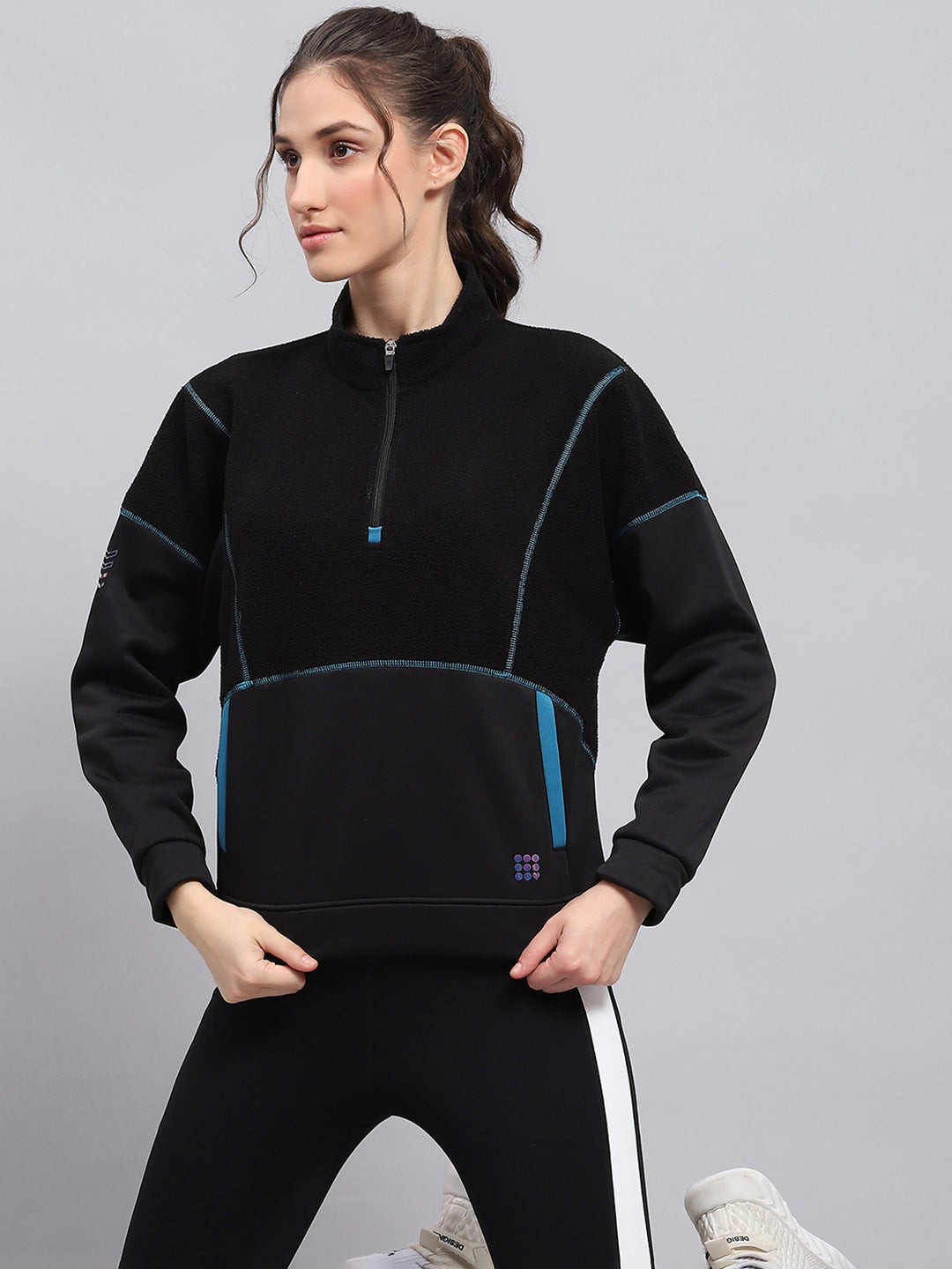 Rock.it Women Black Solid Mock Neck Full Sleeve Sweatshirt