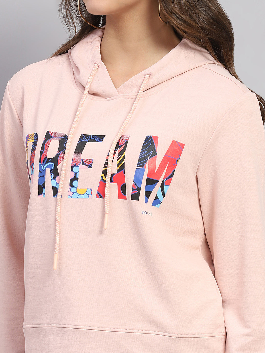 Rock.it Women Peach Printed Hooded Full Sleeve Sweatshirt