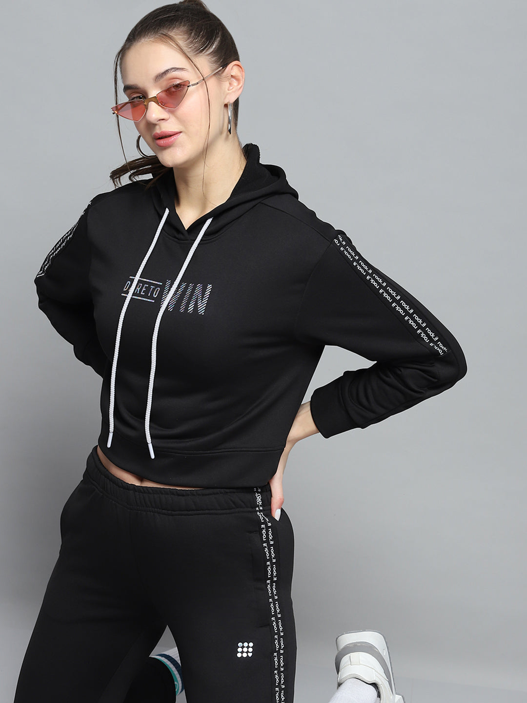 Rock.it Women Black Printed Hooded Full Sleeve Tracksuit