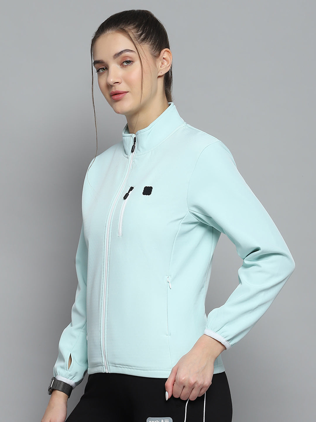 Rock.it Women Green Solid Mock Neck Full Sleeve Sweatshirt