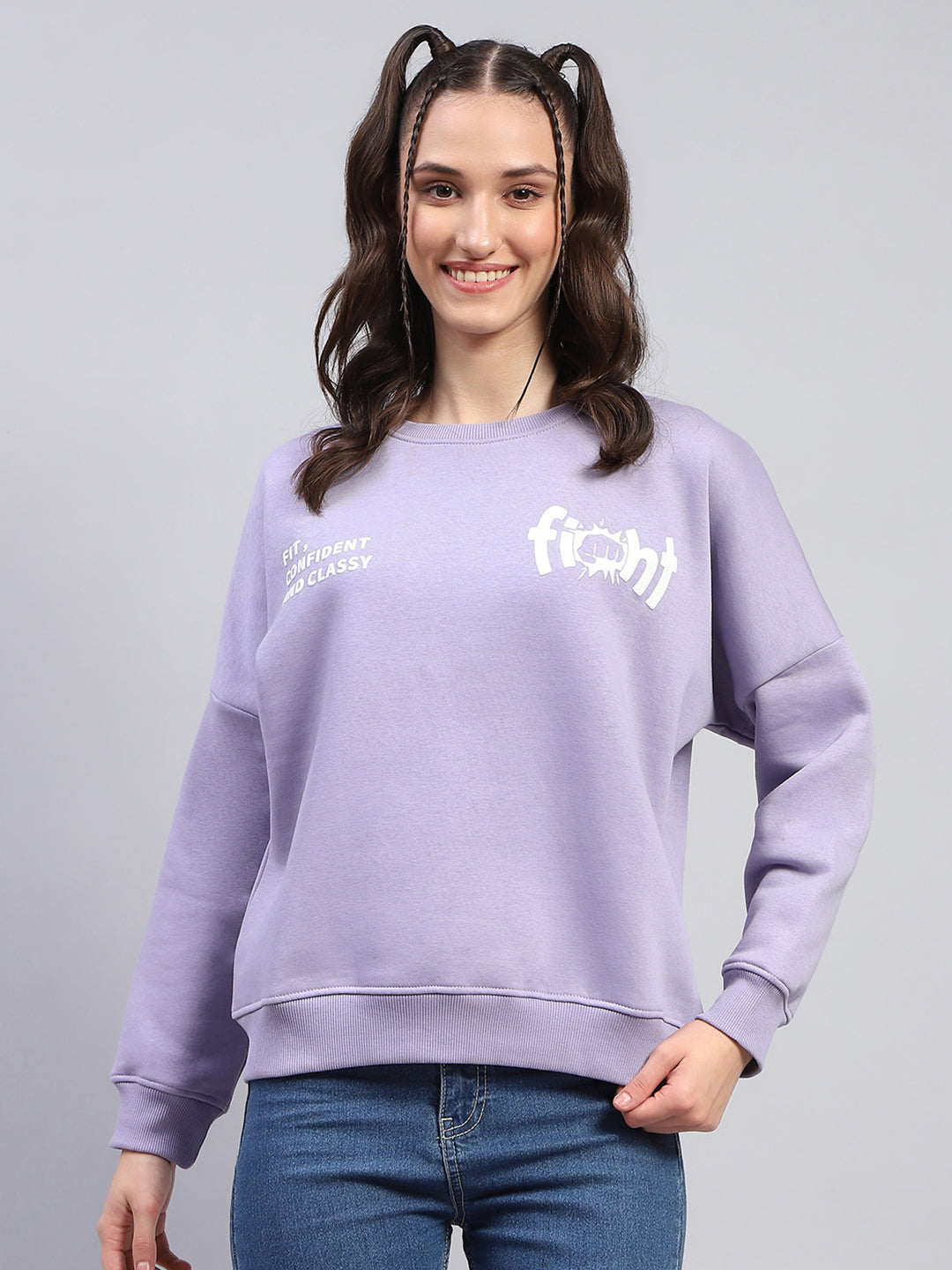 Rock.it Women Purple Printed Round Neck Full Sleeve Sweatshirt