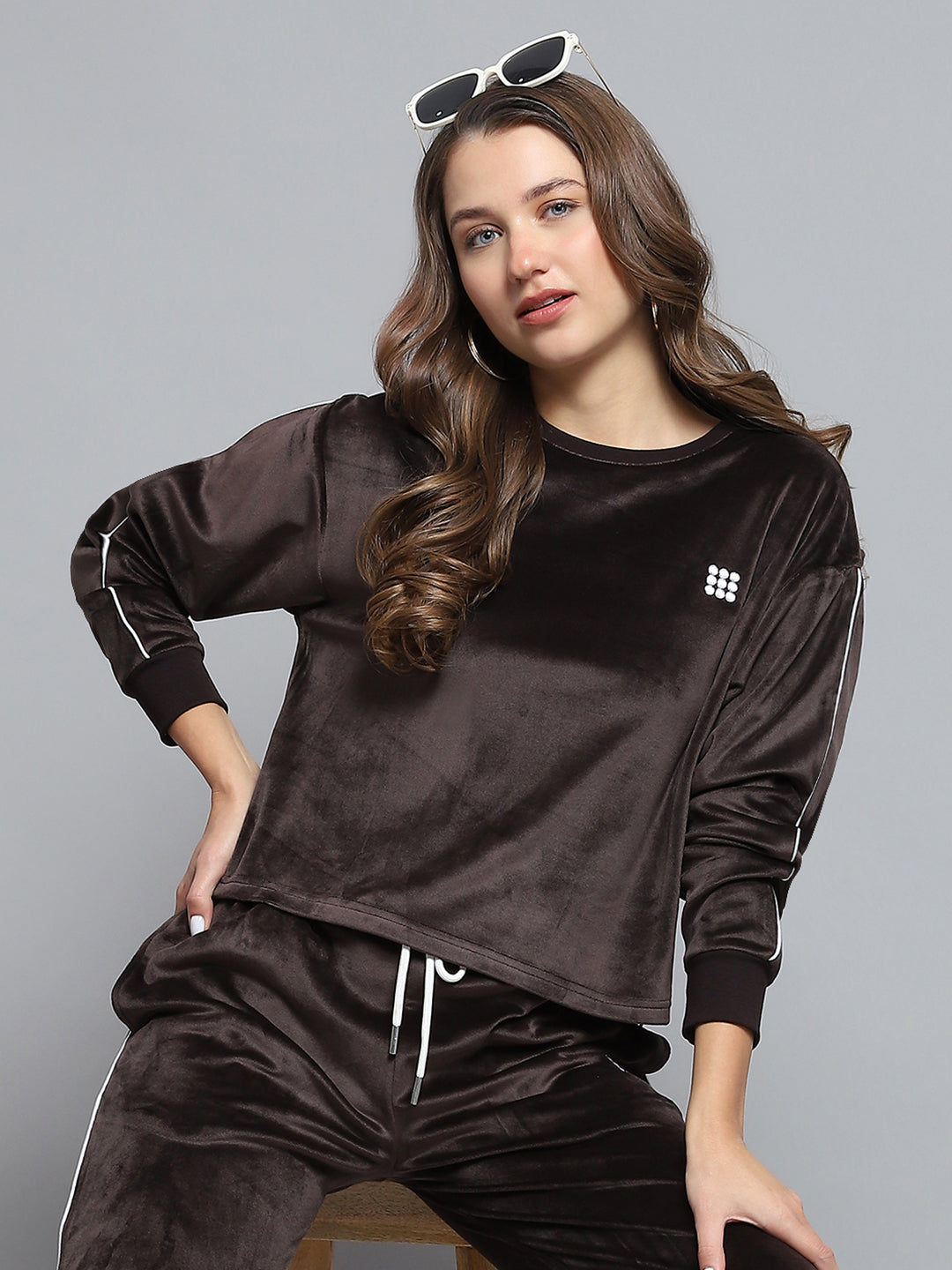 Rock.it Women Brown Solid Round Neck Full Sleeve Tracksuit