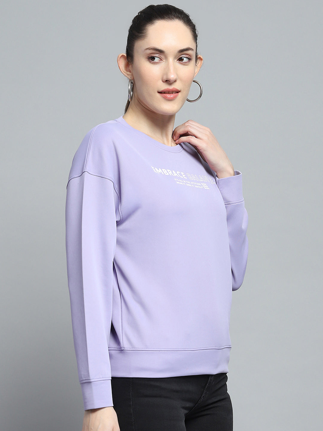Rock.it Women Purple Printed Round Neck Full Sleeve Sweatshirt