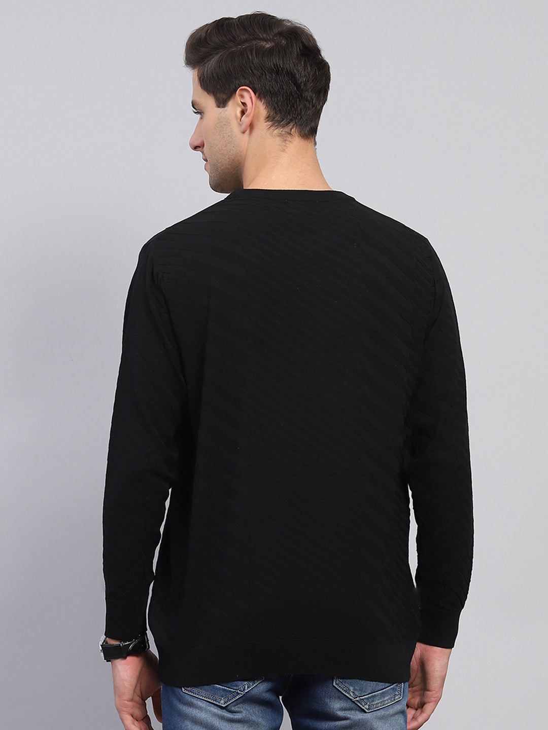 Rock.it Men Black Self Design Round Neck Full Sleeve Pullover