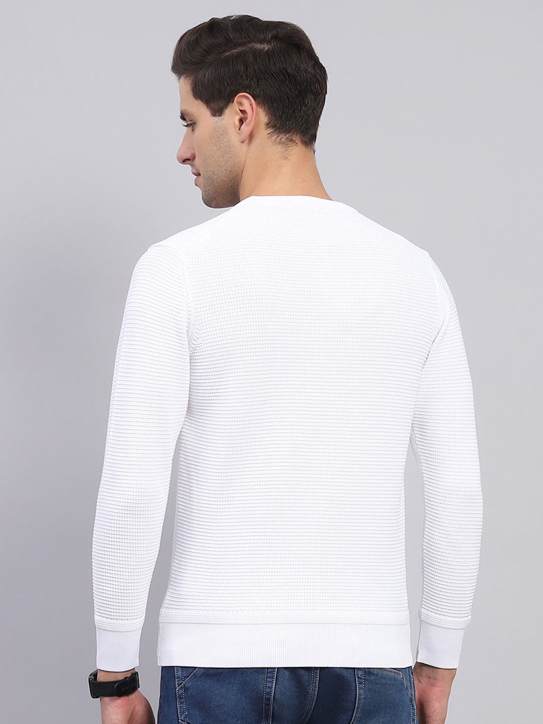 Rock.it Men White Solid Round Neck Full Sleeve Pullover