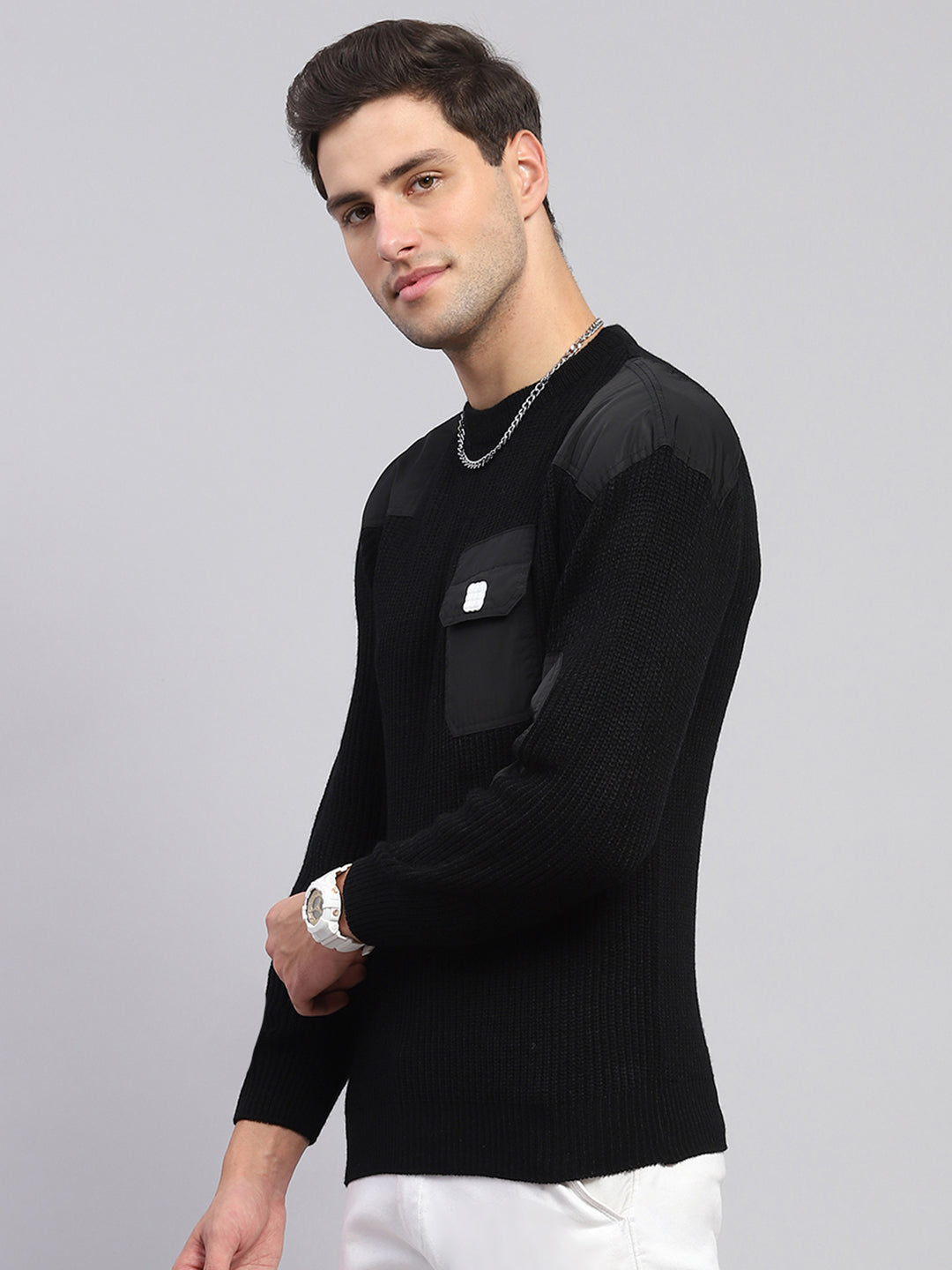 Rock.it Men Black Solid Round Neck Full Sleeve Pullover