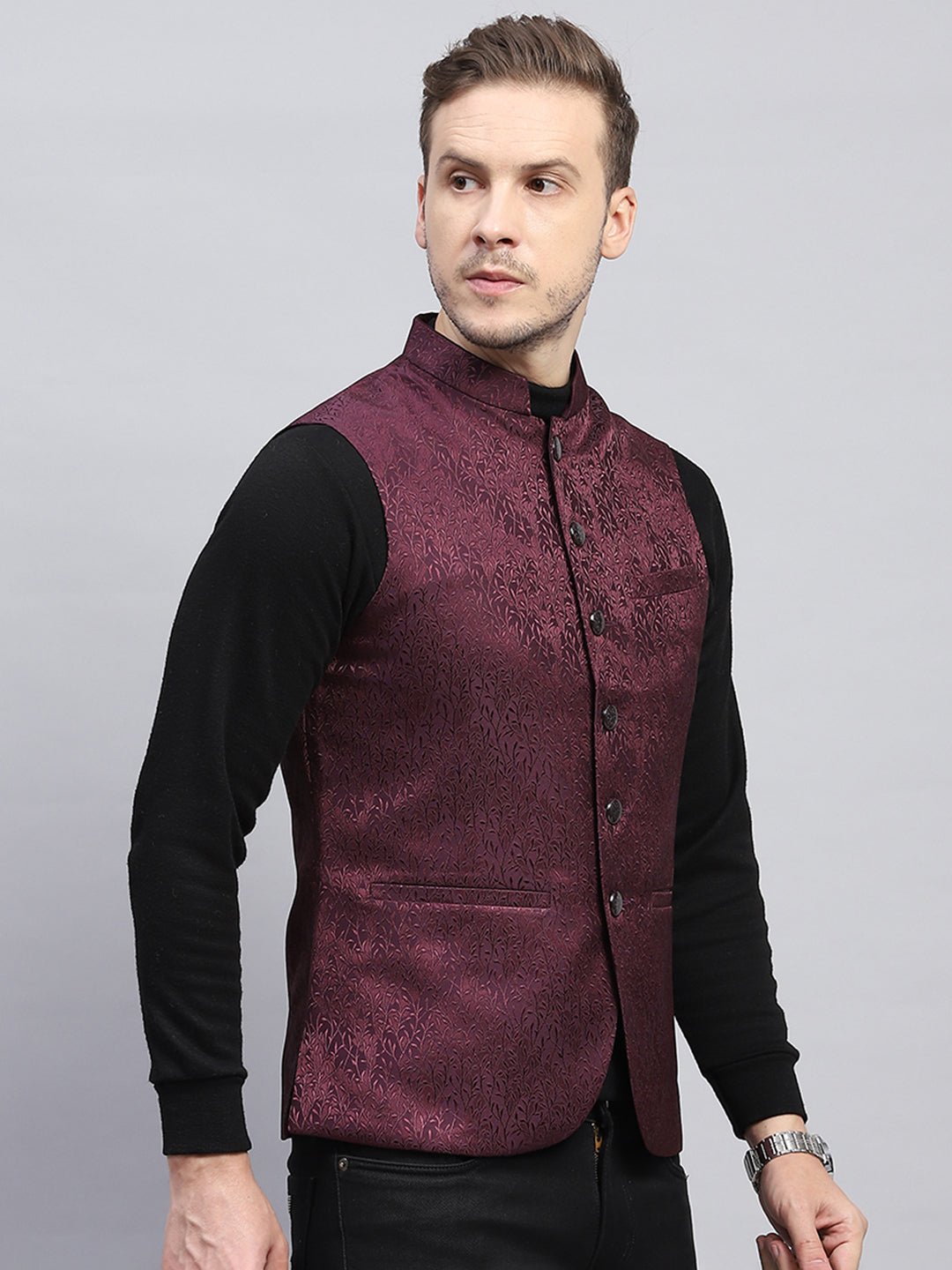 Men Purple Self Design Band Collar Sleeveless Coat