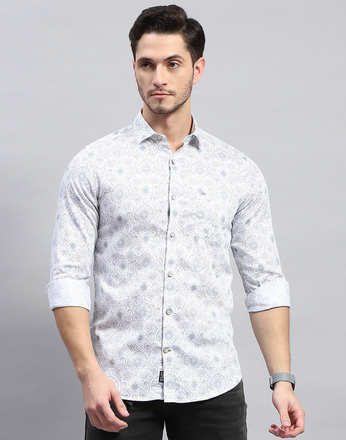 Men Off White Printed Collar Full Sleeve Shirt