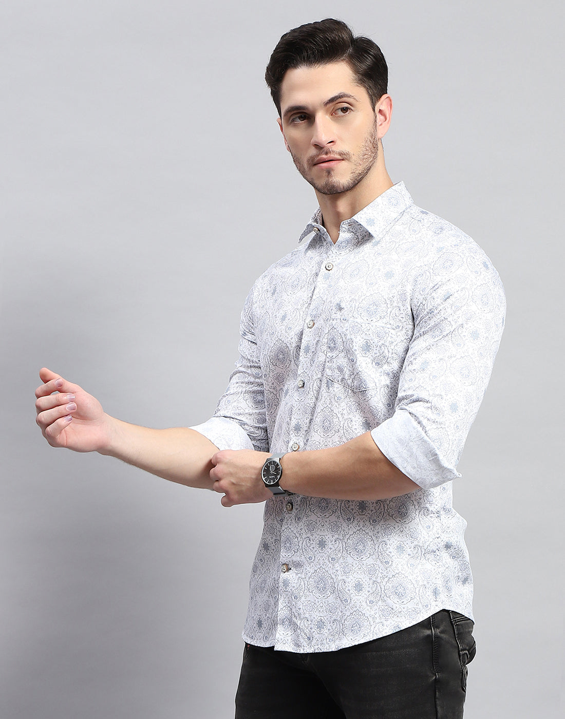 Men Off White Printed Collar Full Sleeve Shirt