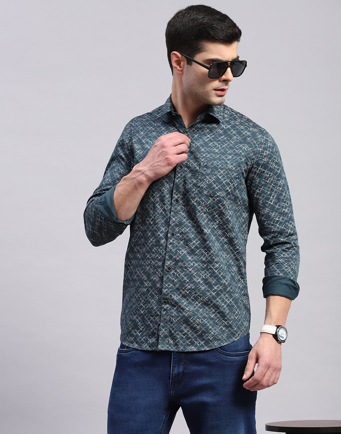 Men Green Printed Collar Full Sleeve Shirt