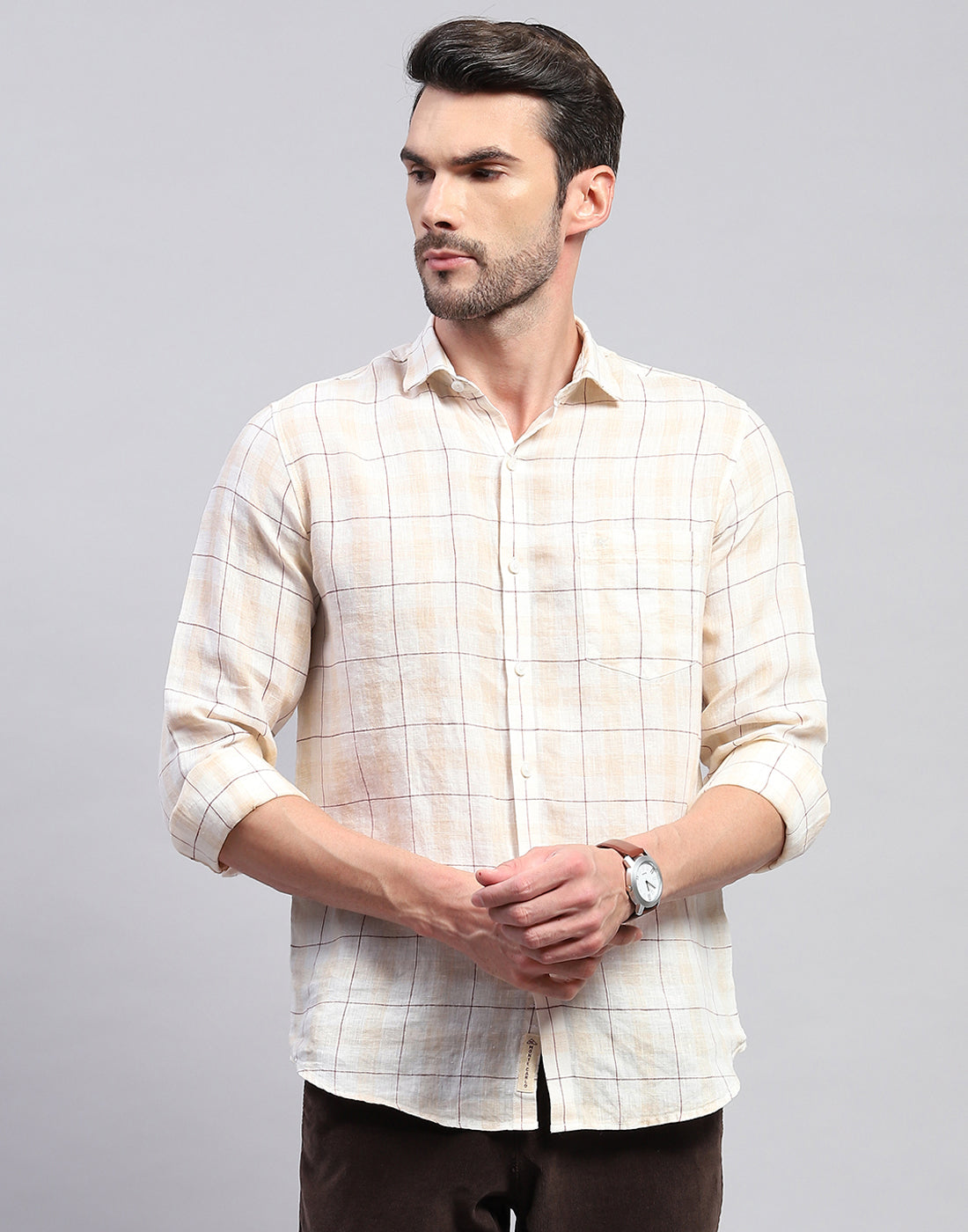 Men Beige Check Collar Neck Full Sleeve Linen Shirt