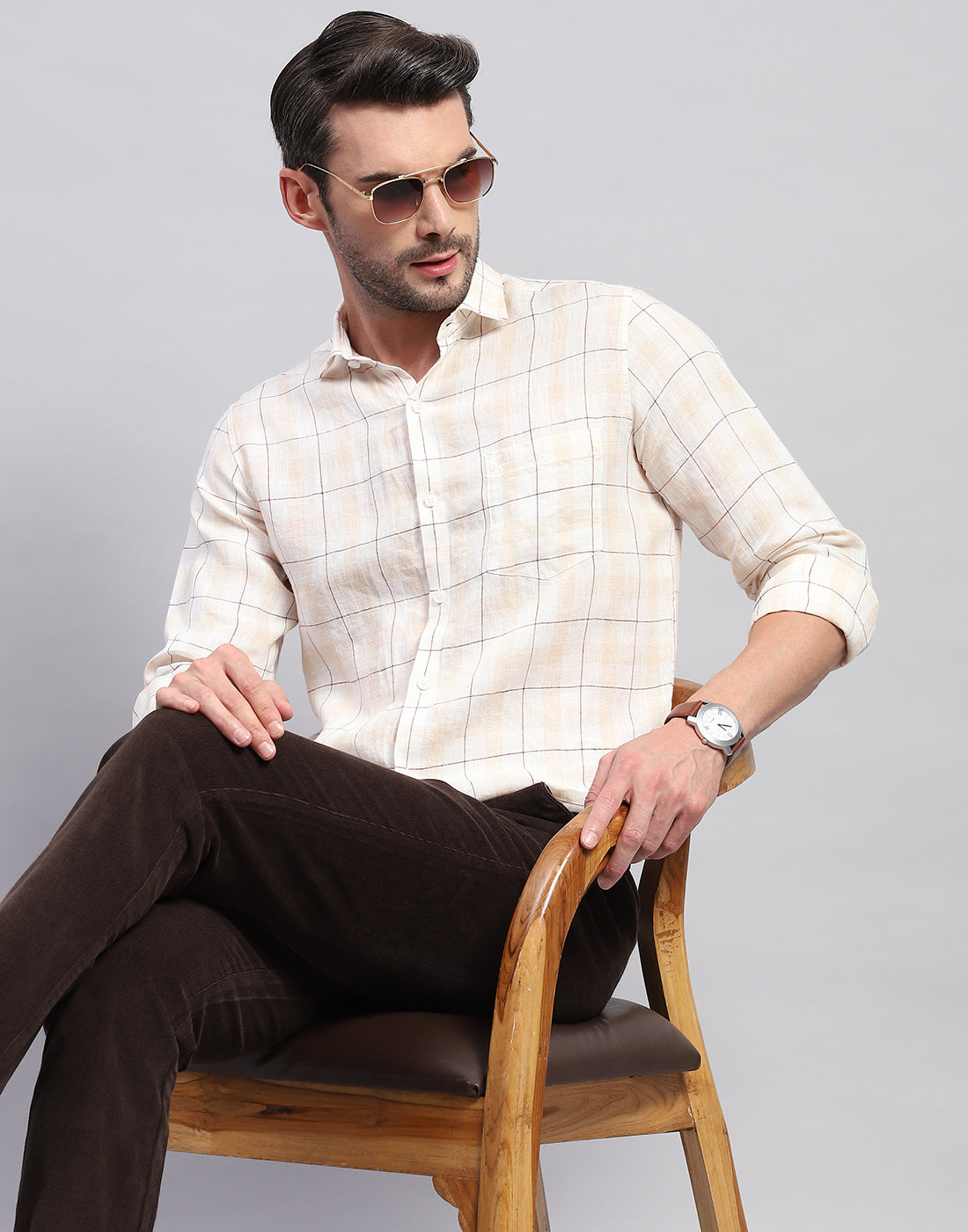 Men Beige Check Collar Neck Full Sleeve Linen Shirt