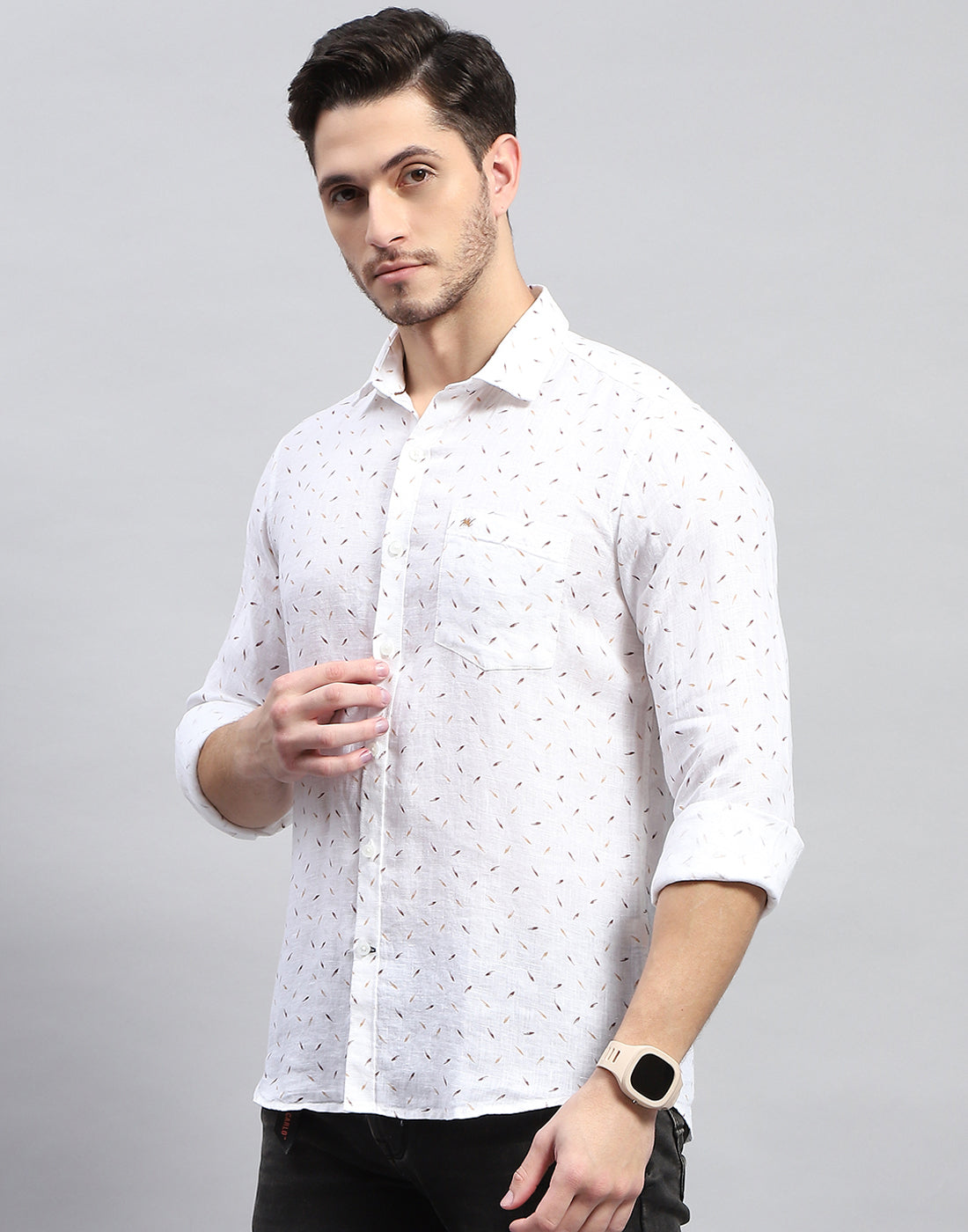 Men Brown Printed Collar Full Sleeve Linen Shirt