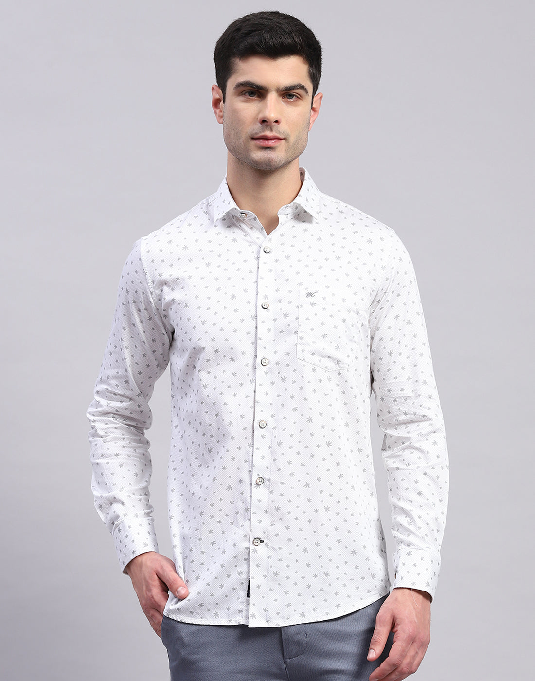 Men Grey Printed Collar Full Sleeve Shirt