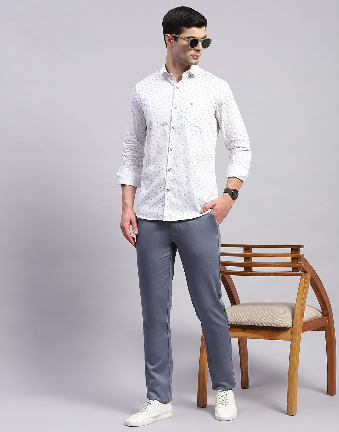 Men Grey Printed Collar Full Sleeve Shirt