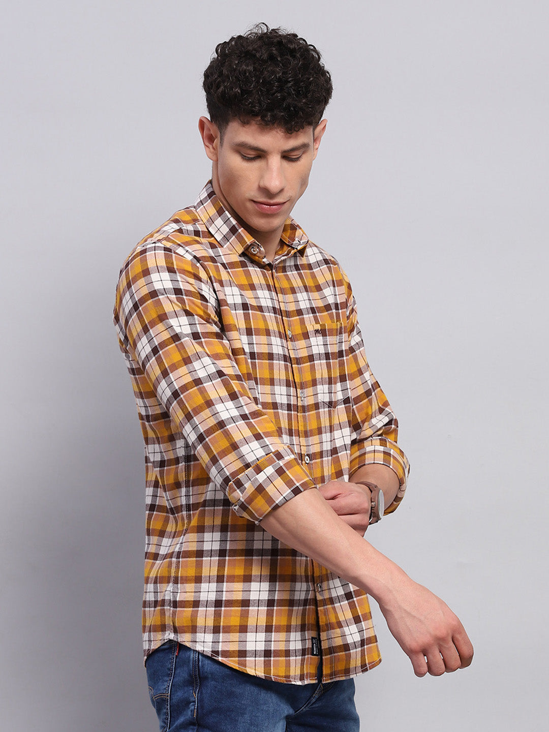 Men Yellow Check Collar Full Sleeve Shirt