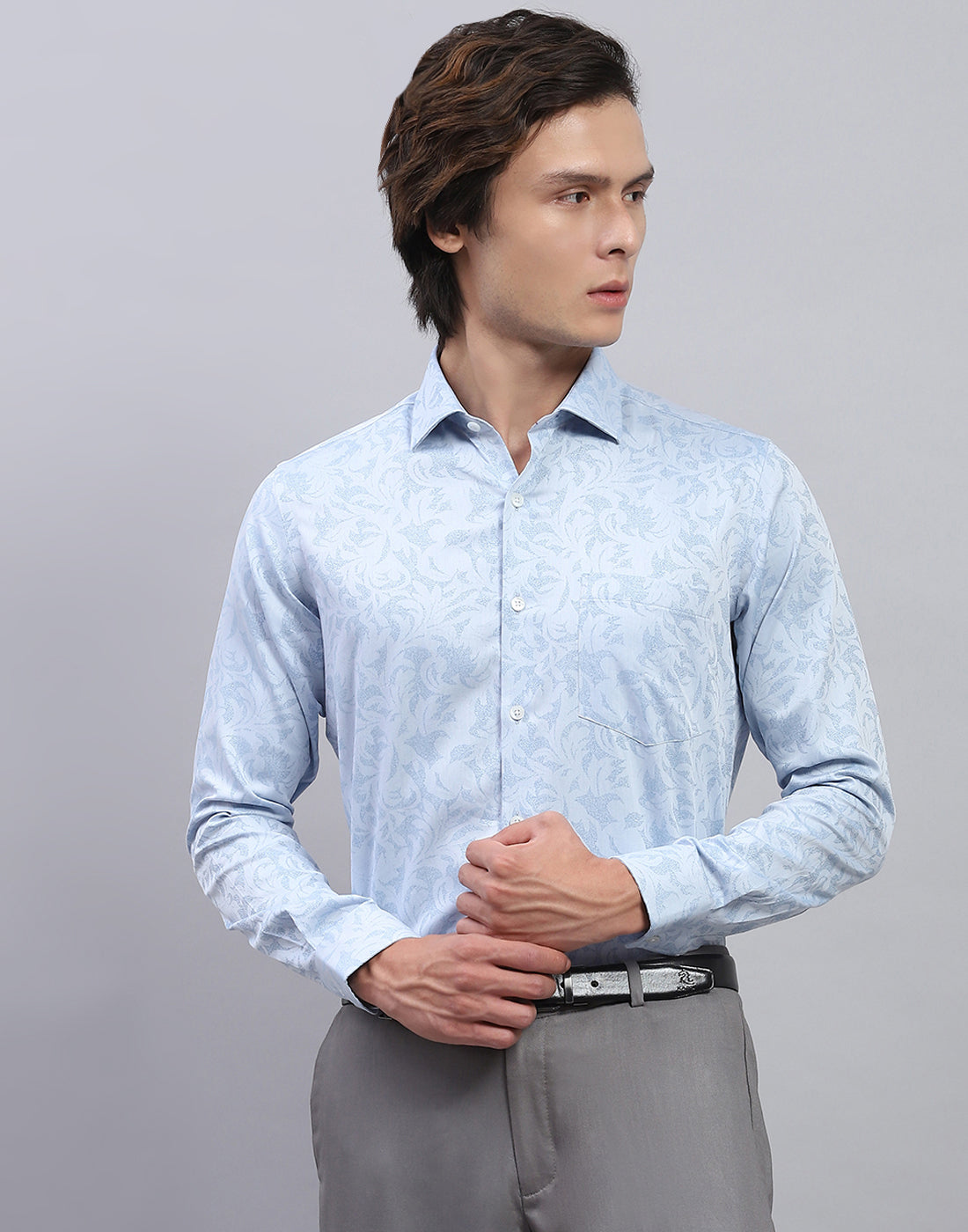 Luxuria Men Blue Floral Print Collar Full Sleeve Shirt