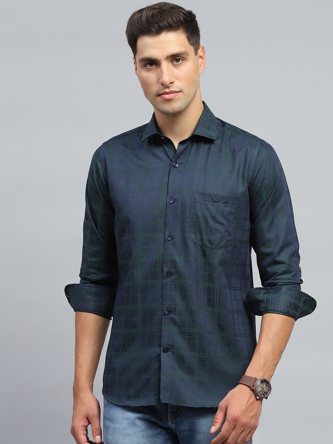 Luxuria Men Navy Blue Check Collar Full Sleeve Shirt
