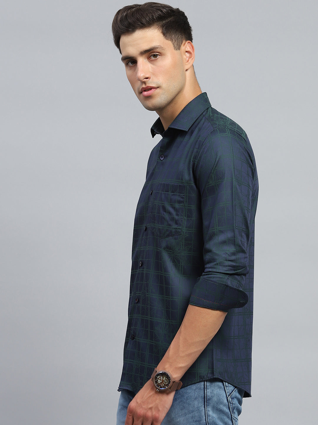 Luxuria Men Navy Blue Check Collar Full Sleeve Shirt