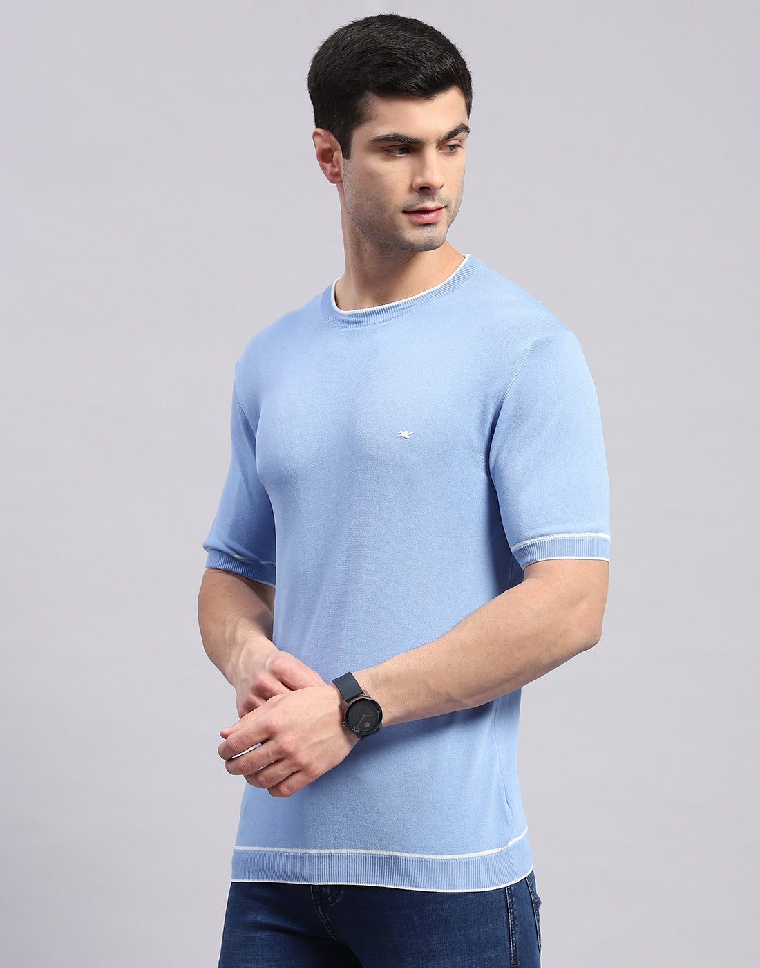 Men Blue Solid Round Neck Half Sleeve T-Shirt
