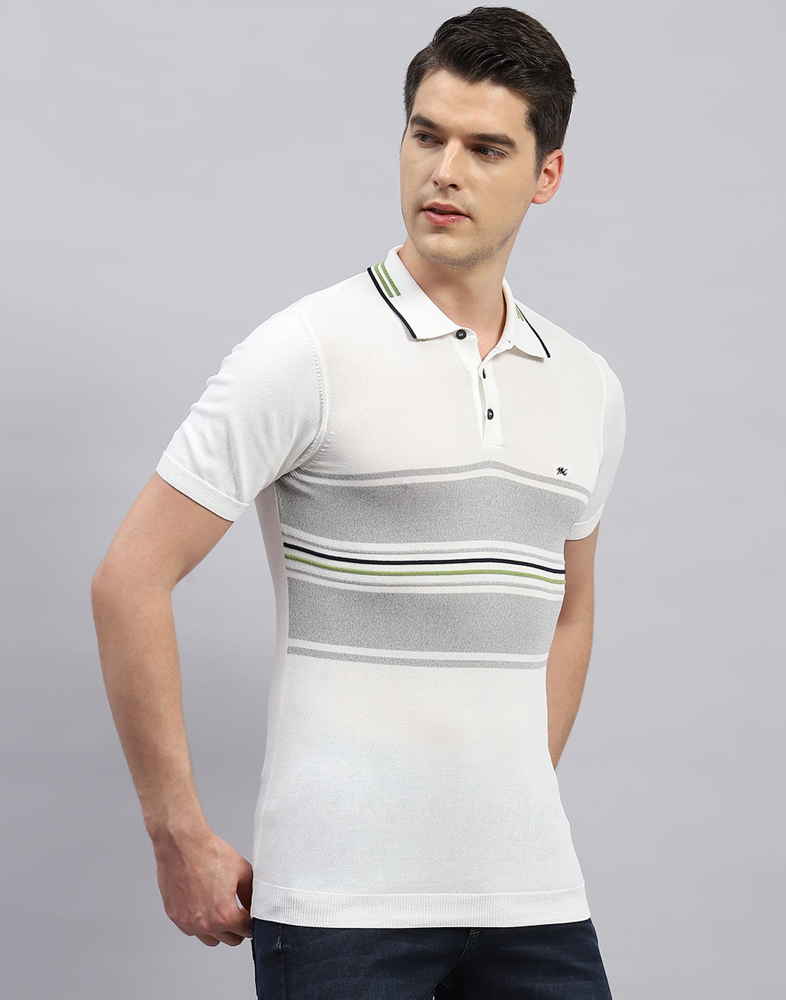 Men White Stripe Polo Collar Half Sleeve T-Shirt