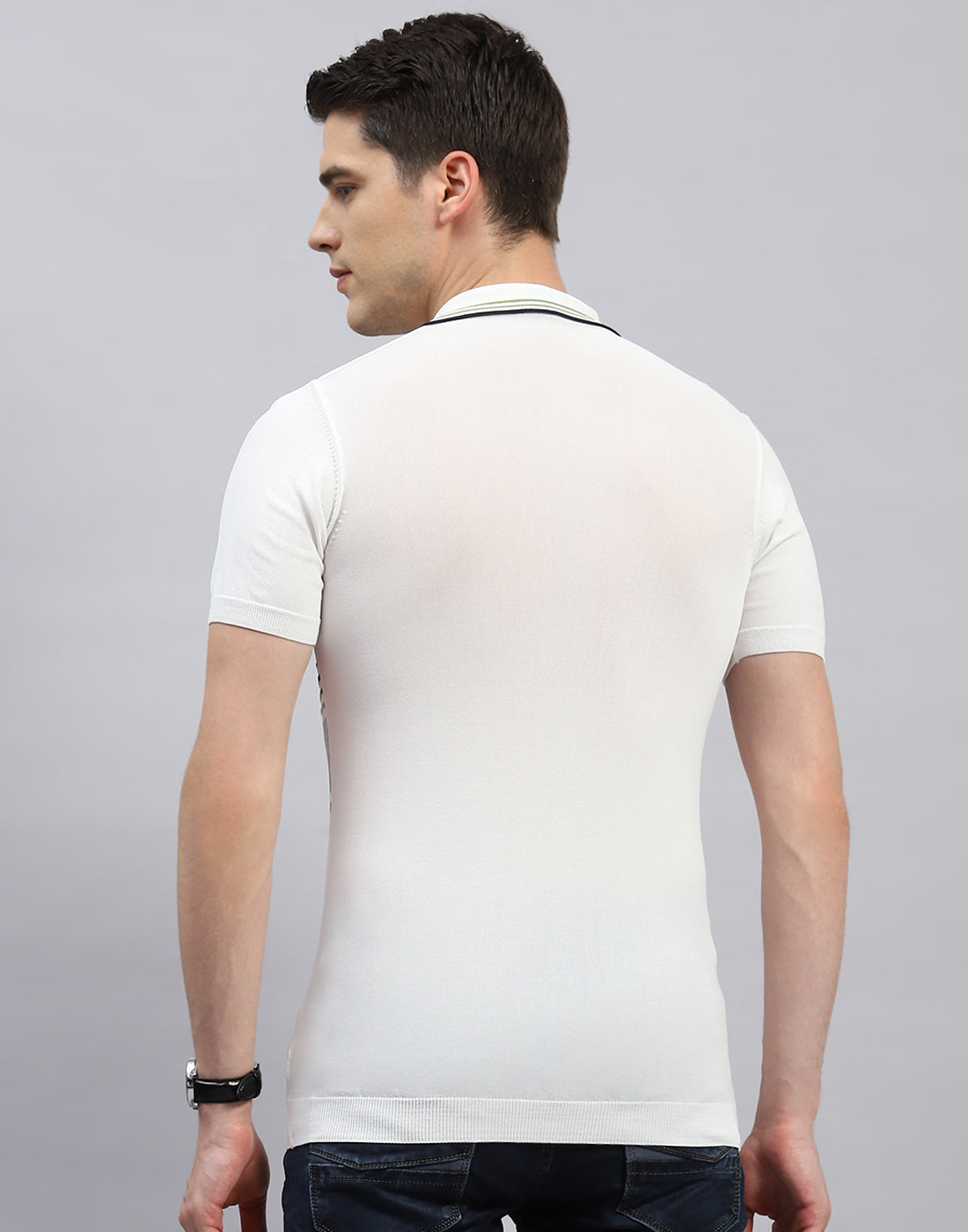 Men White Stripe Polo Collar Half Sleeve T-Shirt