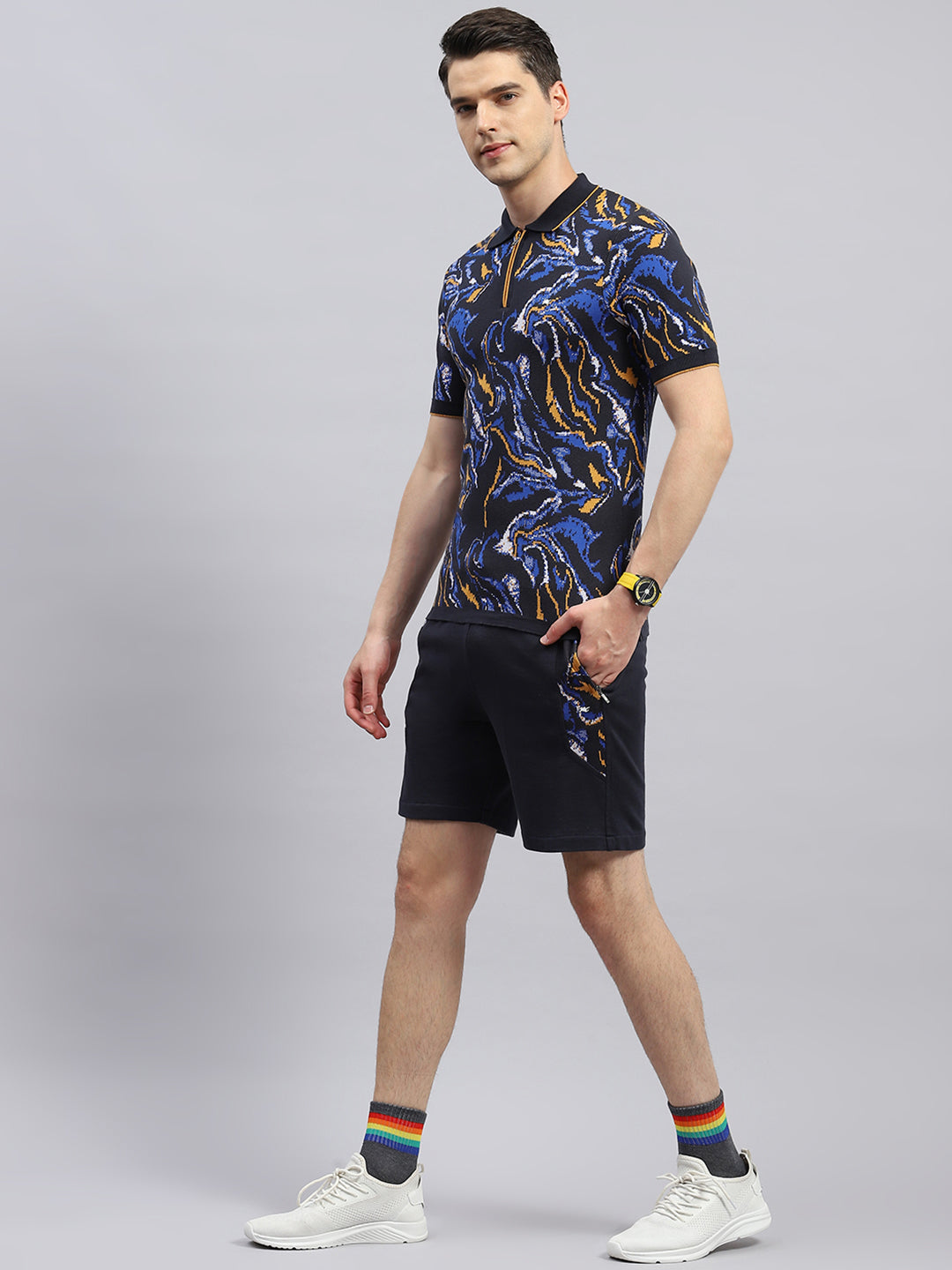 Men Navy Blue Printed Regular Fit Bermuda Set
