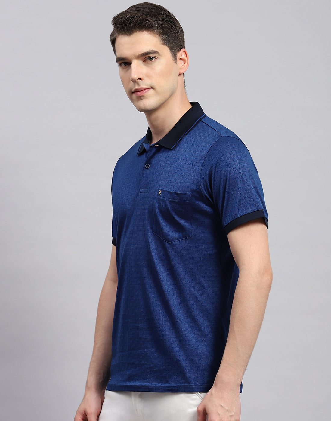 Men Navy Blue Stripe Polo Collar Half Sleeve T-Shirt