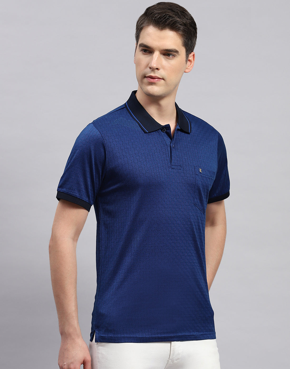Men Navy Blue Stripe Polo Collar Half Sleeve T-Shirt