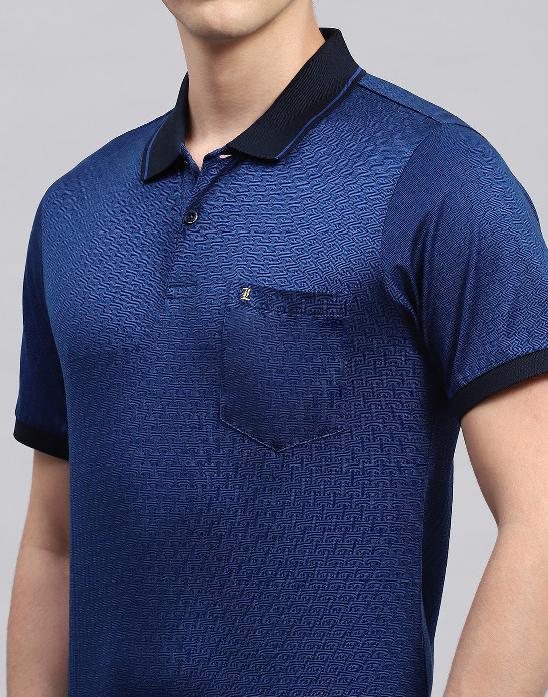 Men Navy Blue Stripe Polo Collar Half Sleeve T-Shirt