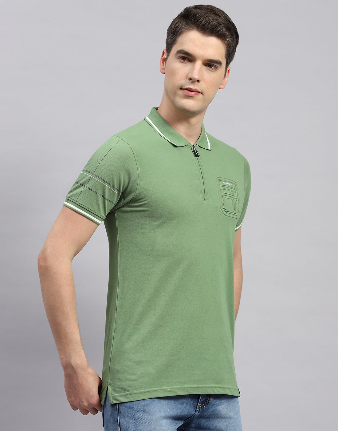 Men Olive Printed Polo Collar Half Sleeve T-Shirt