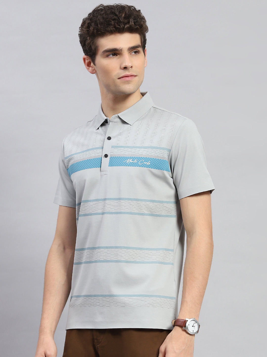 Men Grey Printed Polo Collar Half Sleeve T-Shirt