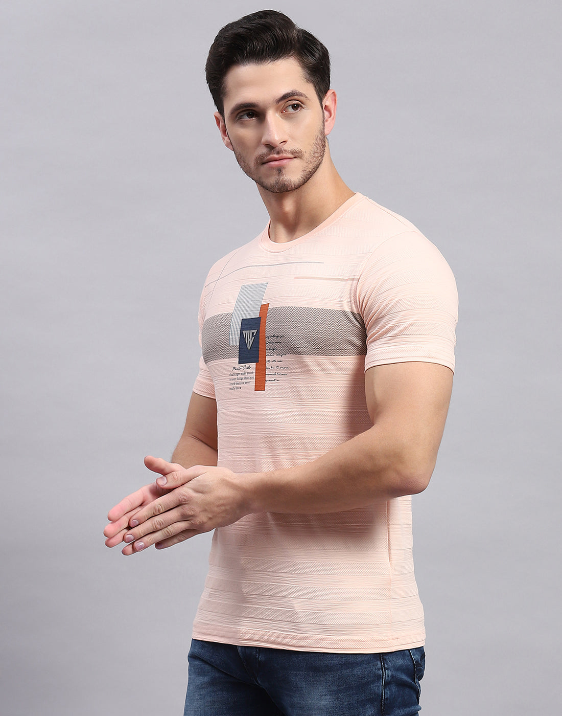 Men Peach Printed Round Neck Half Sleeve T-Shirt