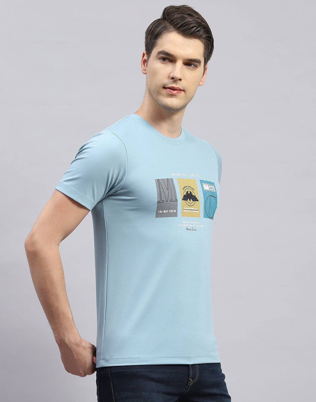Men Sky Blue Printed Round Neck Half Sleeve T-Shirt