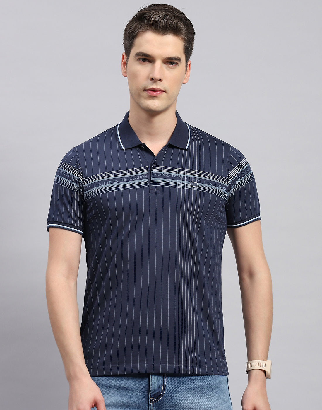 Men Navy Blue Printed Polo Collar Half Sleeve T-Shirt