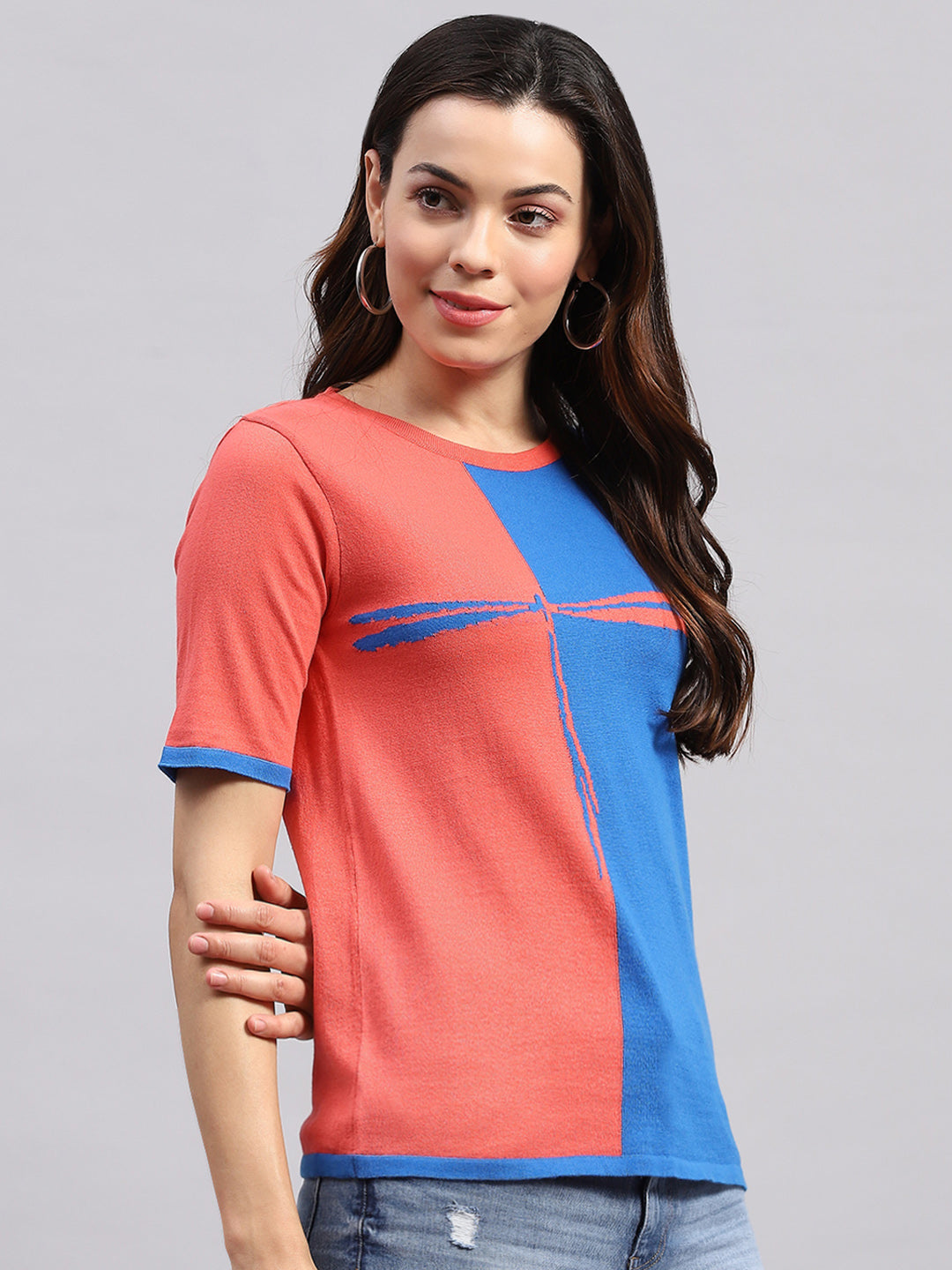 Women Blue & Pink Printed Round Neck Half Sleeve Top