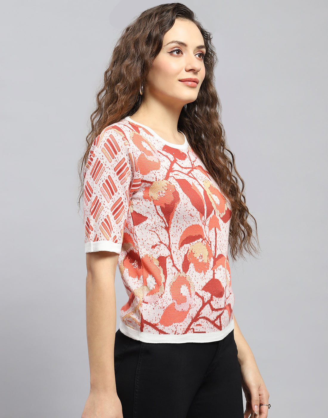 Women Rust Printed Round Neck Half Sleeve Top