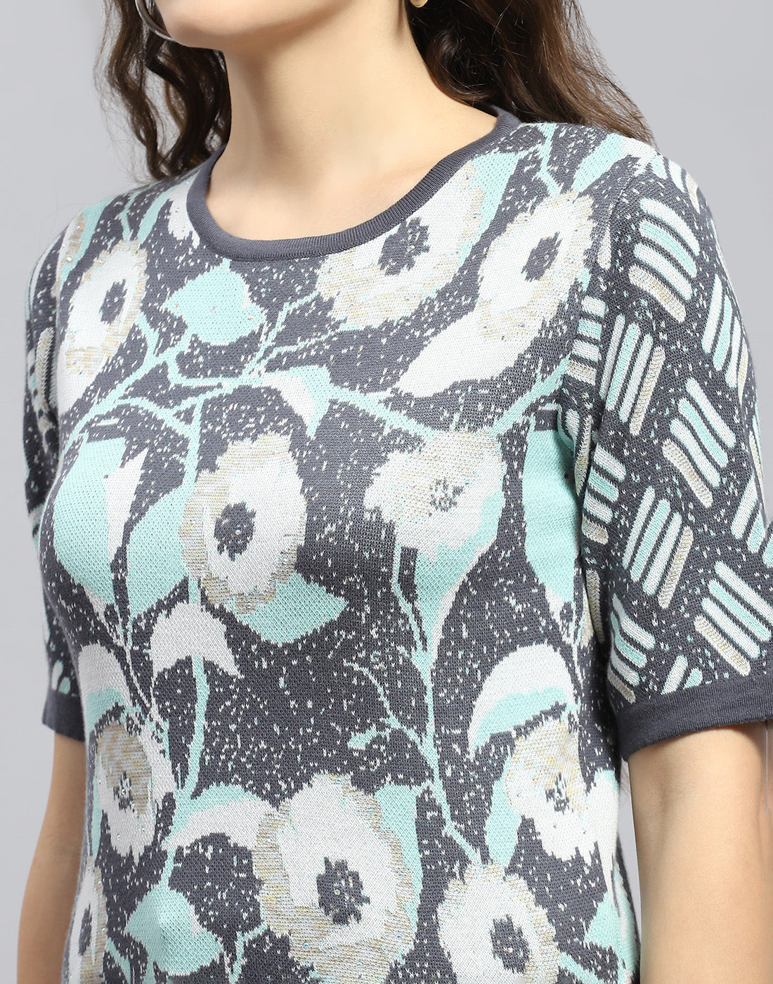Women Grey Printed Round Neck Half Sleeve Top