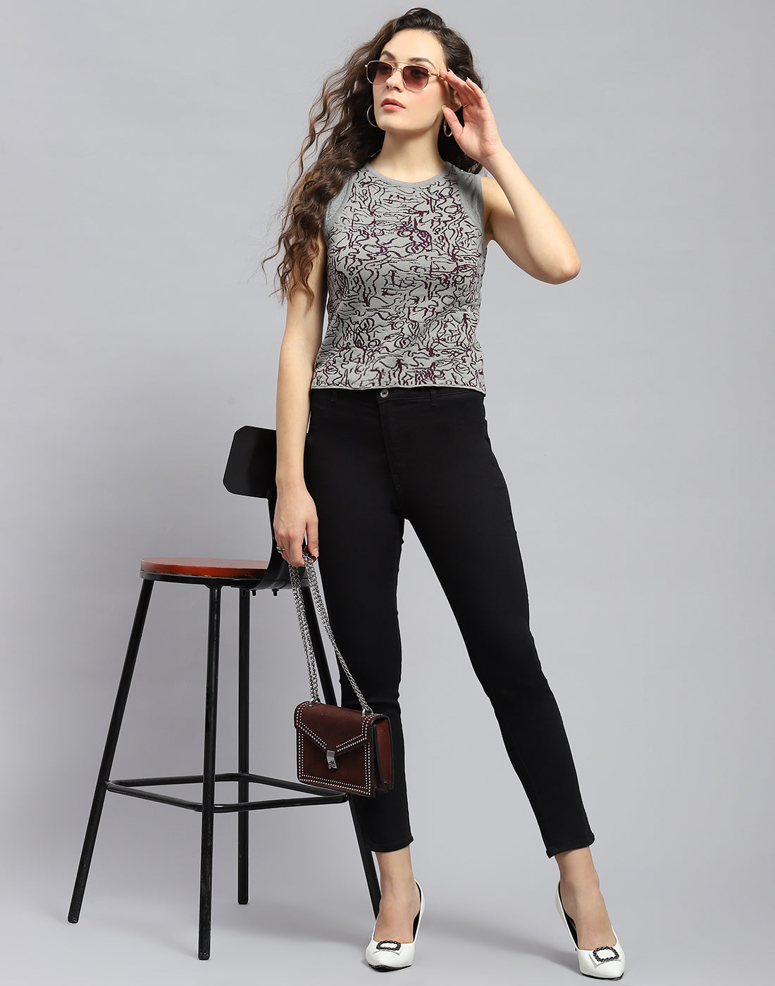 Women Grey Printed Round Neck Sleeveless Top
