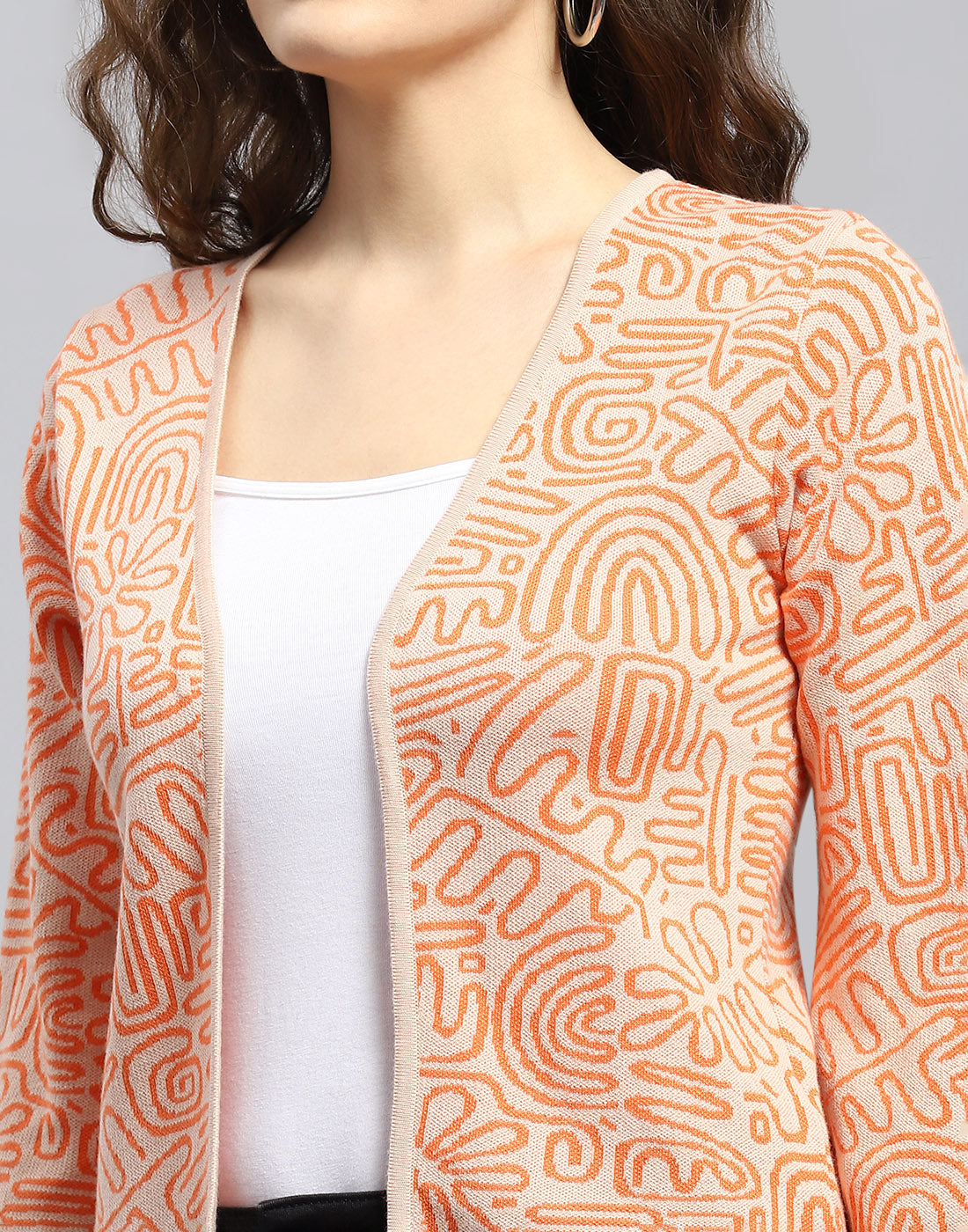 Women Orange Printed V Neck 3/4 Sleeve Shrug