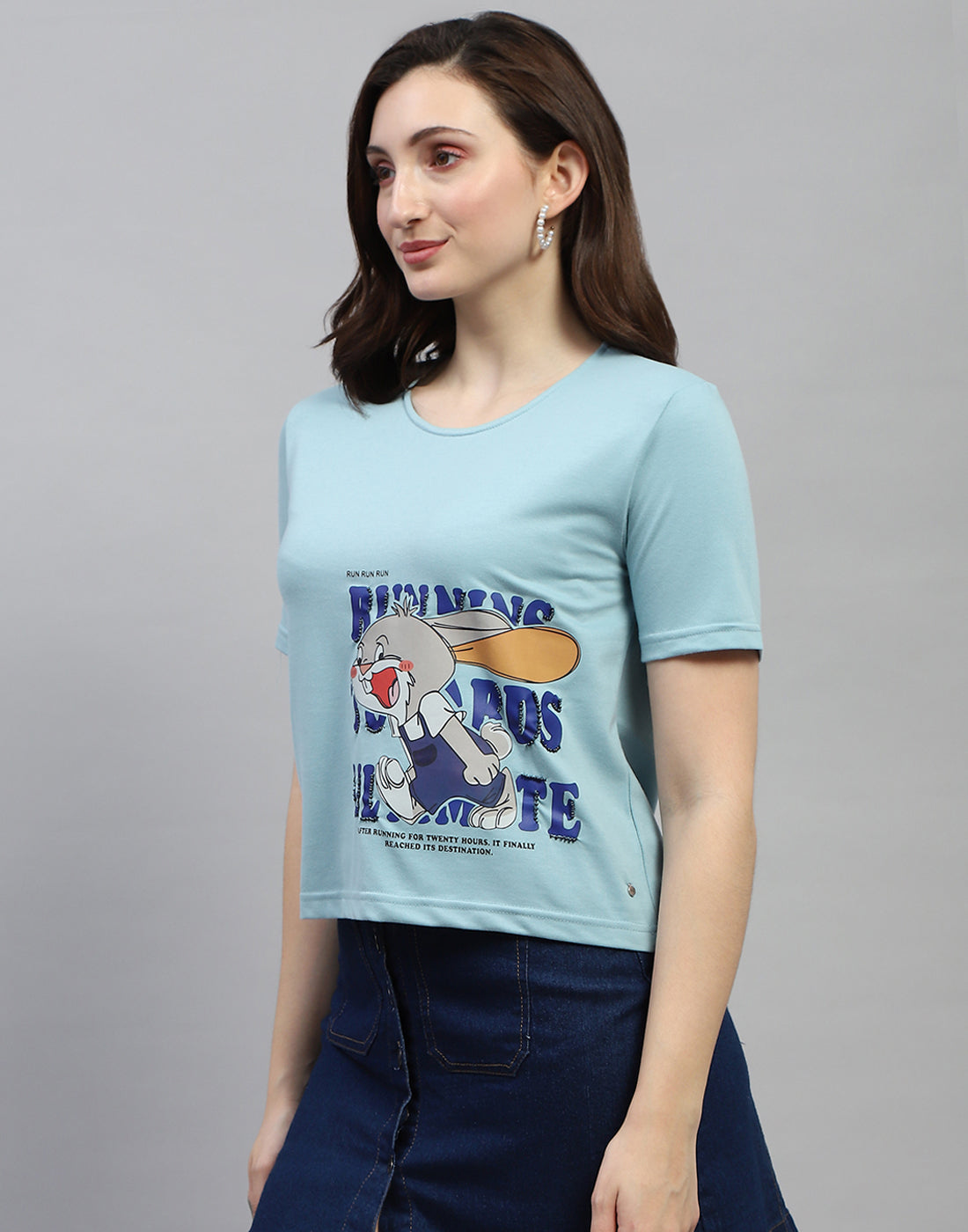 Women Sky Blue Printed Round Neck Half Sleeve Top