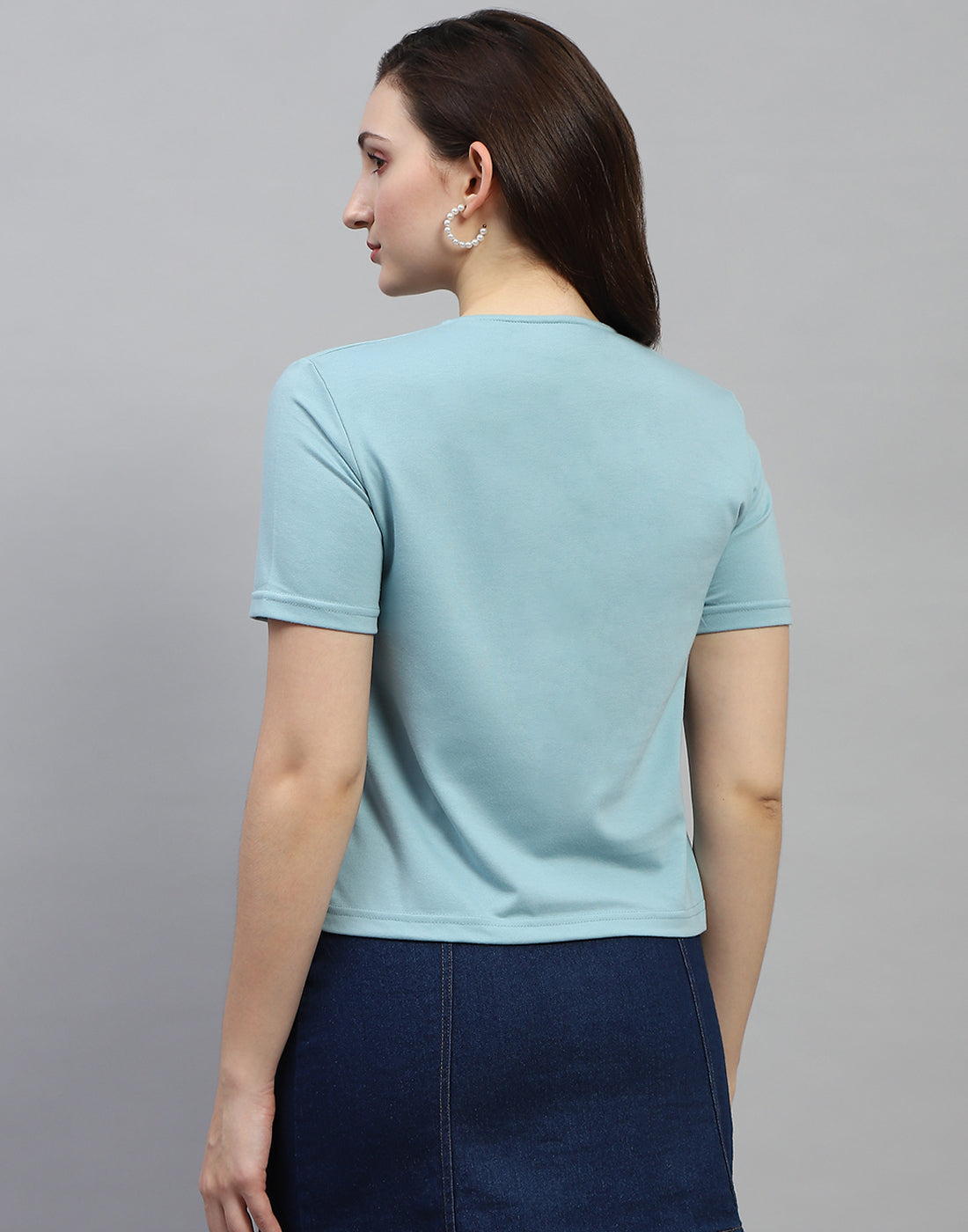 Women Sky Blue Printed Round Neck Half Sleeve Top