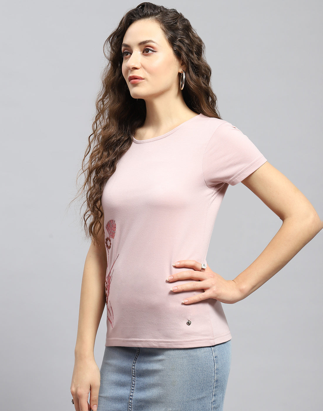 Women Pink Embellished Round Neck Half Sleeve Top
