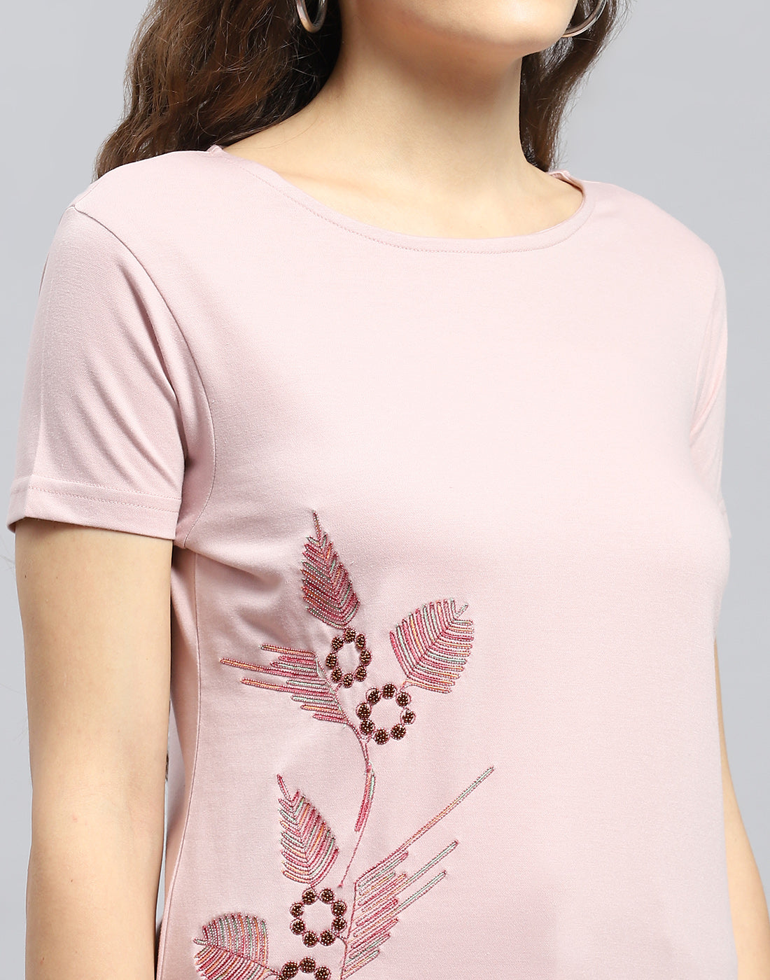 Women Pink Embellished Round Neck Half Sleeve Top