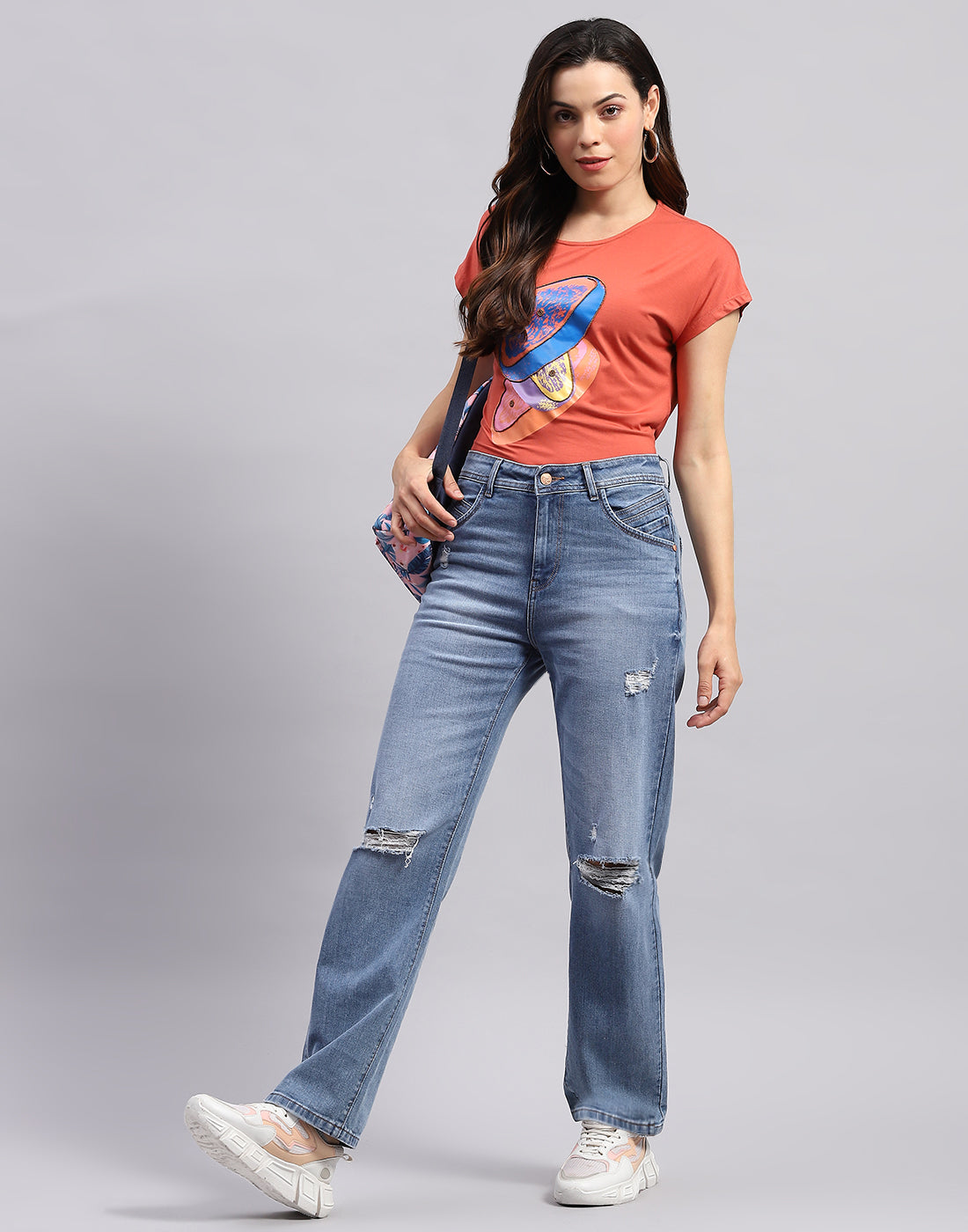 Women Orange Printed Round Neck Half Sleeve Top