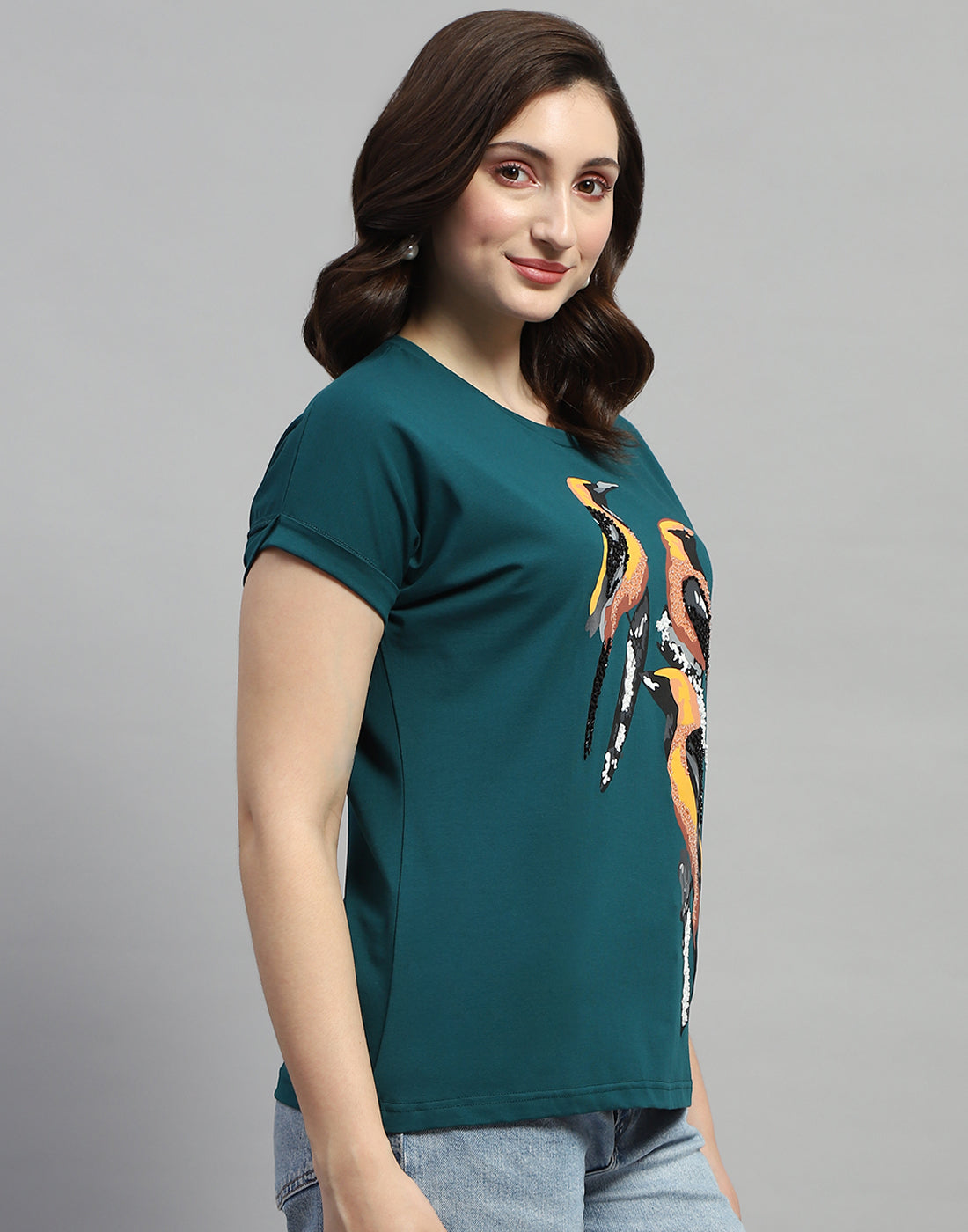 Women Green Printed Round Neck Half Sleeve Top