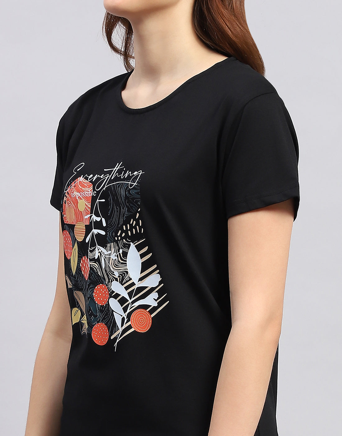 Women Black Printed Round Neck Half Sleeve Lower Set