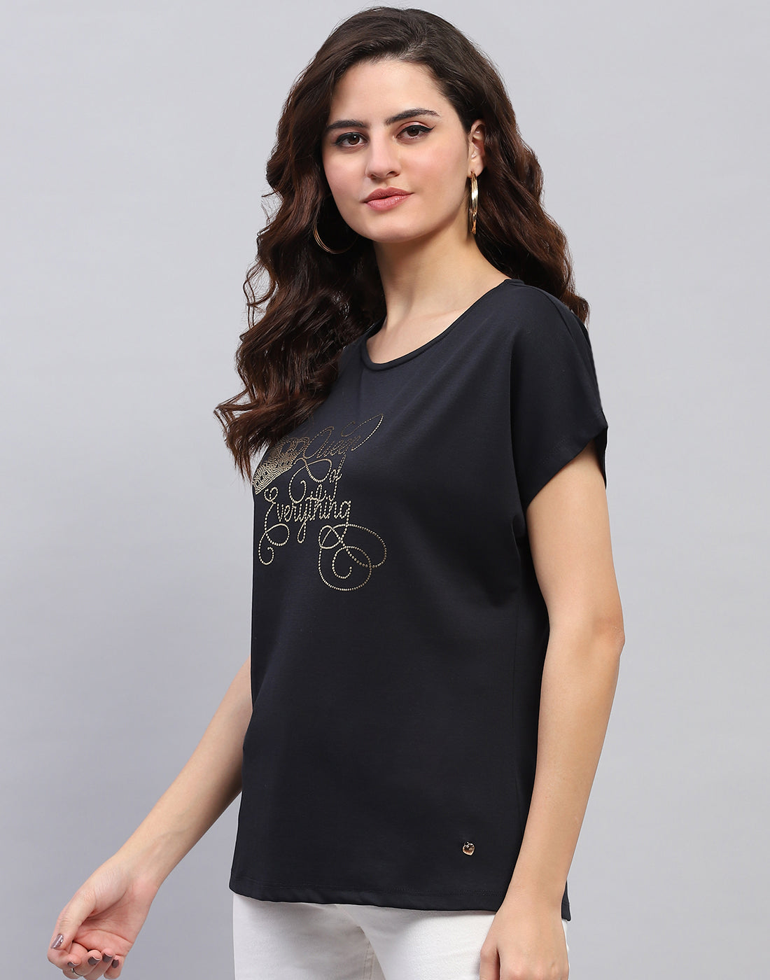 Women Navy Blue Printed Round Neck Half Sleeve Top